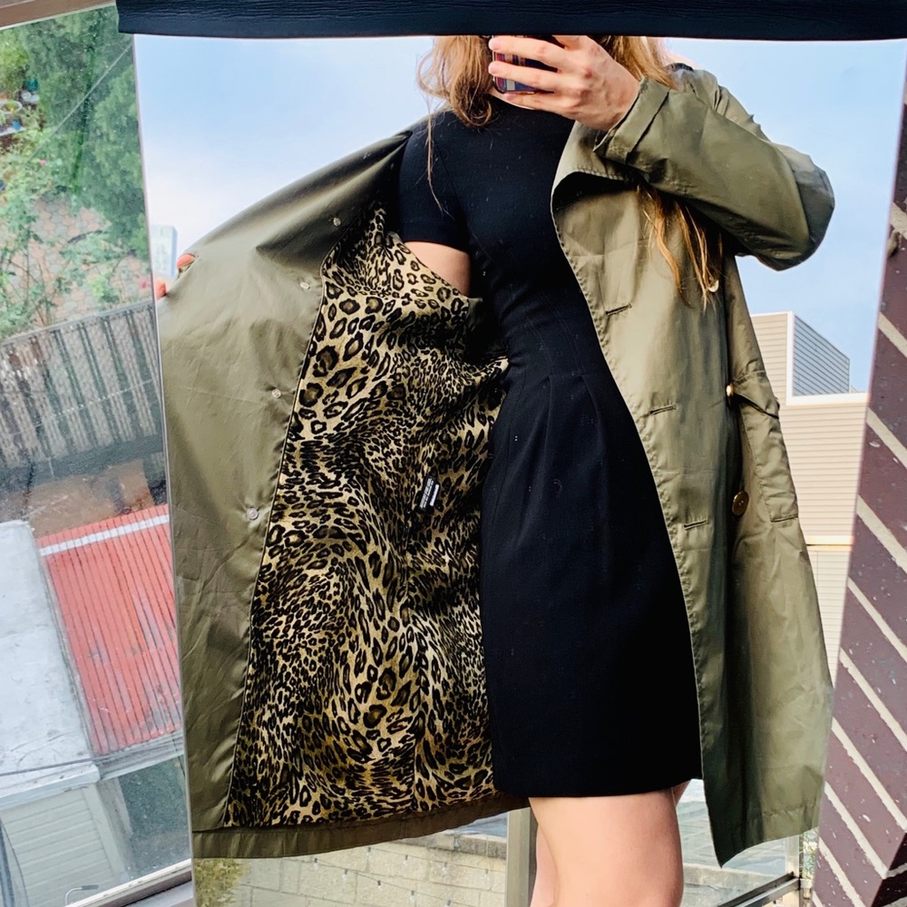 Baby Phat Double-Breasted Designer’s Trench Coat Camo Green Leopard Satin
